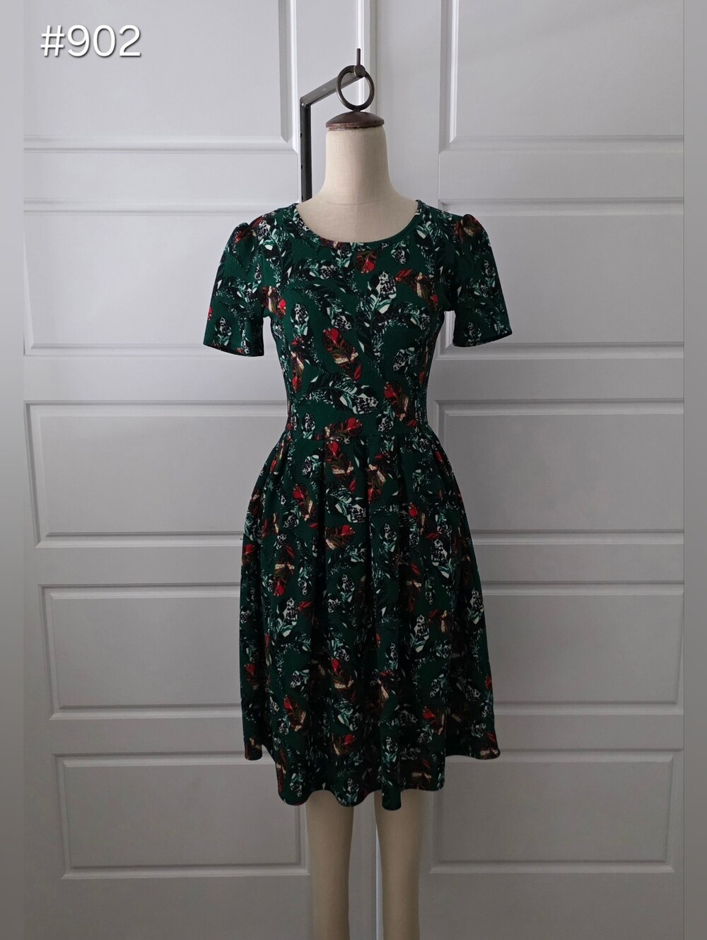 LuLaRoe Dark Green Fit-and-Flare Dress with Short Sleeves